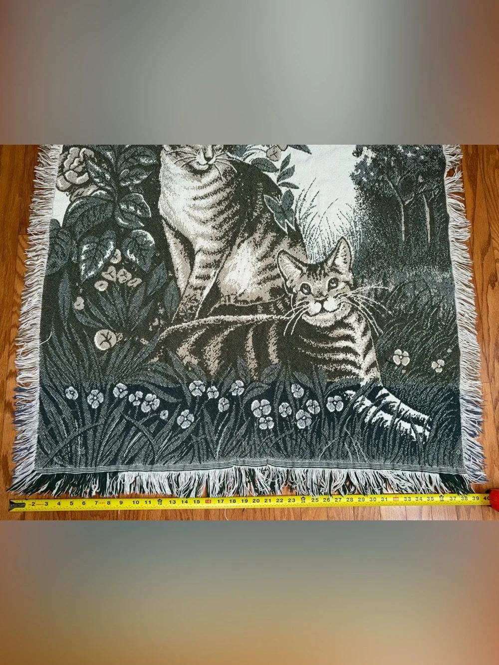 Vintage Woven Tapestry Throw Blanket Cats Garden Floral Fringe 40” X 51”